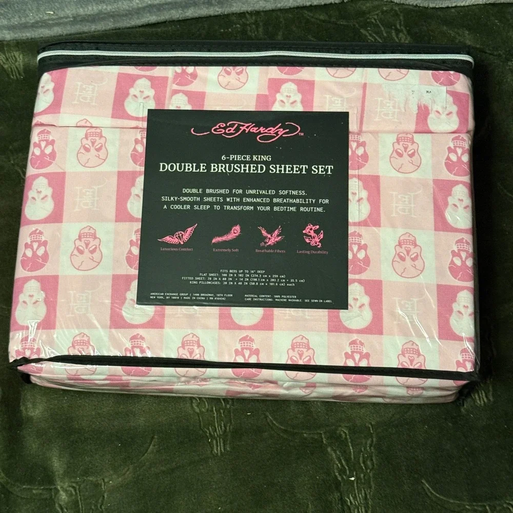 Ed Hardy Sheet Set King Pink New 6-Piece Brushed Skull Checkered Tattoo Print
